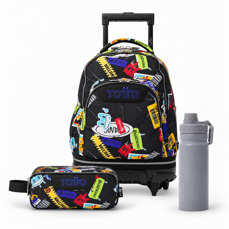 Pack escolar - Mochila con ruedas desmontable (Tiza) + Estuche 3 compartimentos (Agapec) + Botella de 550ml