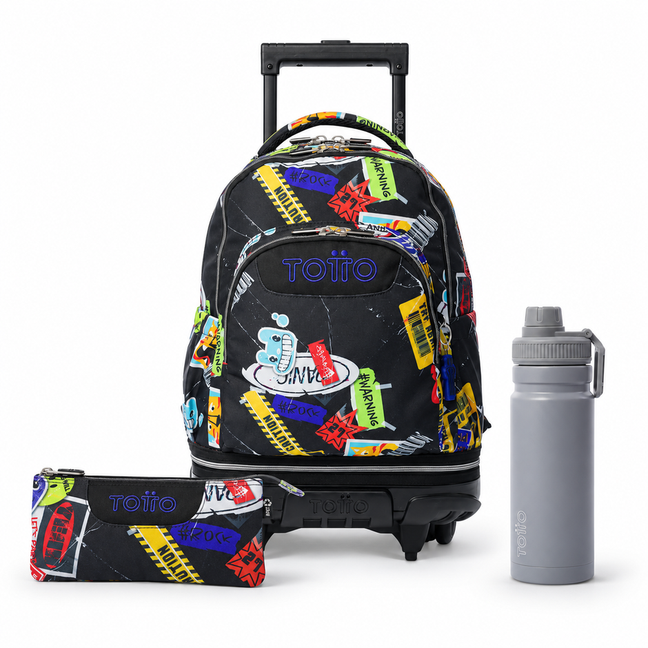 Pack escolar Niño - Mochila con ruedas desmontable (Tiza) + Estuche 3 compartimentos (Tablero) + Botella de 550ml