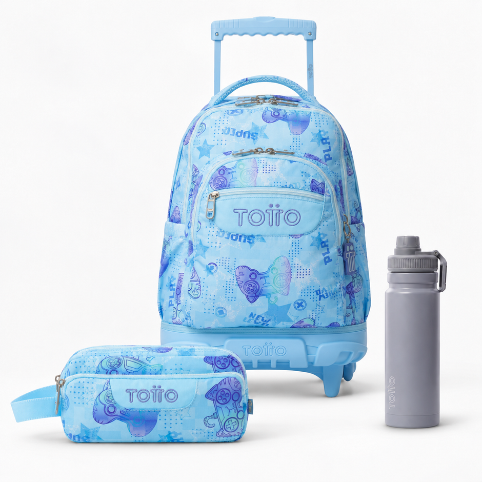 Pack escolar - Mochila con ruedas (Renglones) + Estuche 3 compartimentos (Agapec) + Botella de 550ml