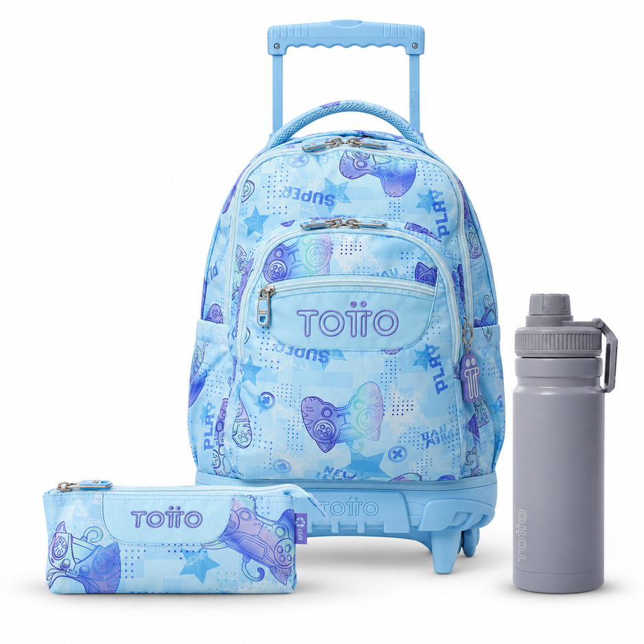 Pack escolar - Mochila con ruedas (Renglones) + Estuche 3 compartimentos (Tablero) + Botella 550ml