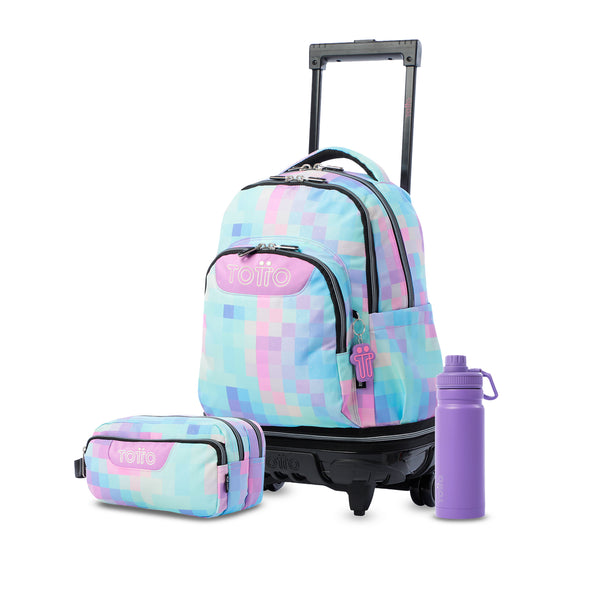 Pack escolar Niña - Mochila con ruedas desmontable (Tiza) + Estuche 3 compartimentos (Agapec) + Botella de 550ml