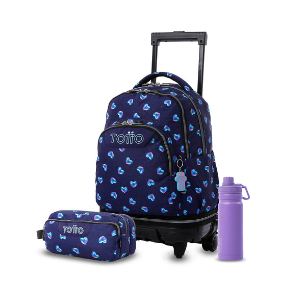 Pack escolar Niña - Mochila con ruedas desmontable (Tiza) + Estuche 3 compartimentos (Agapec) + Botella de 550ml