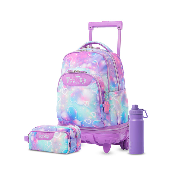 Pack escolar Niña - Mochila con ruedas desmontable (Tiza) + Estuche 3 compartimentos (Agapec) + Botella de 550ml