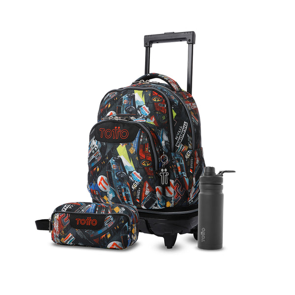 Pack escolar Niño - Mochila con ruedas desmontable (Tiza) + Estuche 3 compartimentos (Agapec) + Botella de 550ml