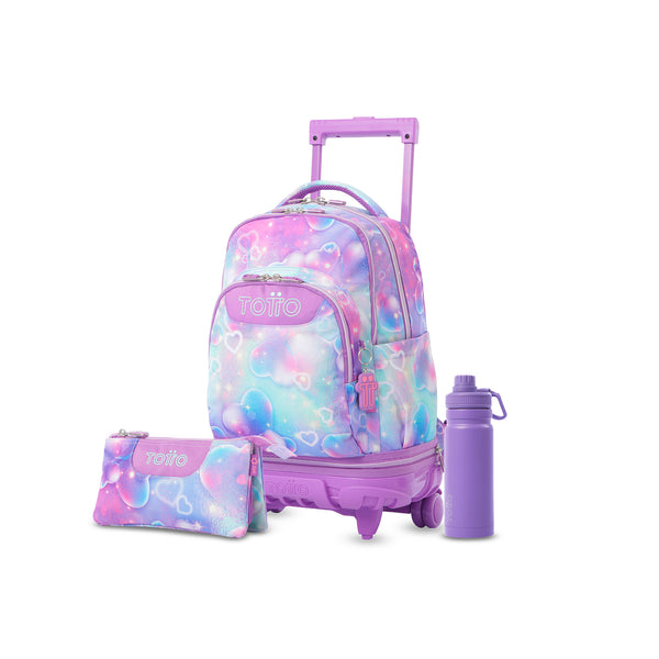 Pack escolar Niña - Mochila con ruedas desmontable + Estuche 3 compartimentos + Botella de 550ml