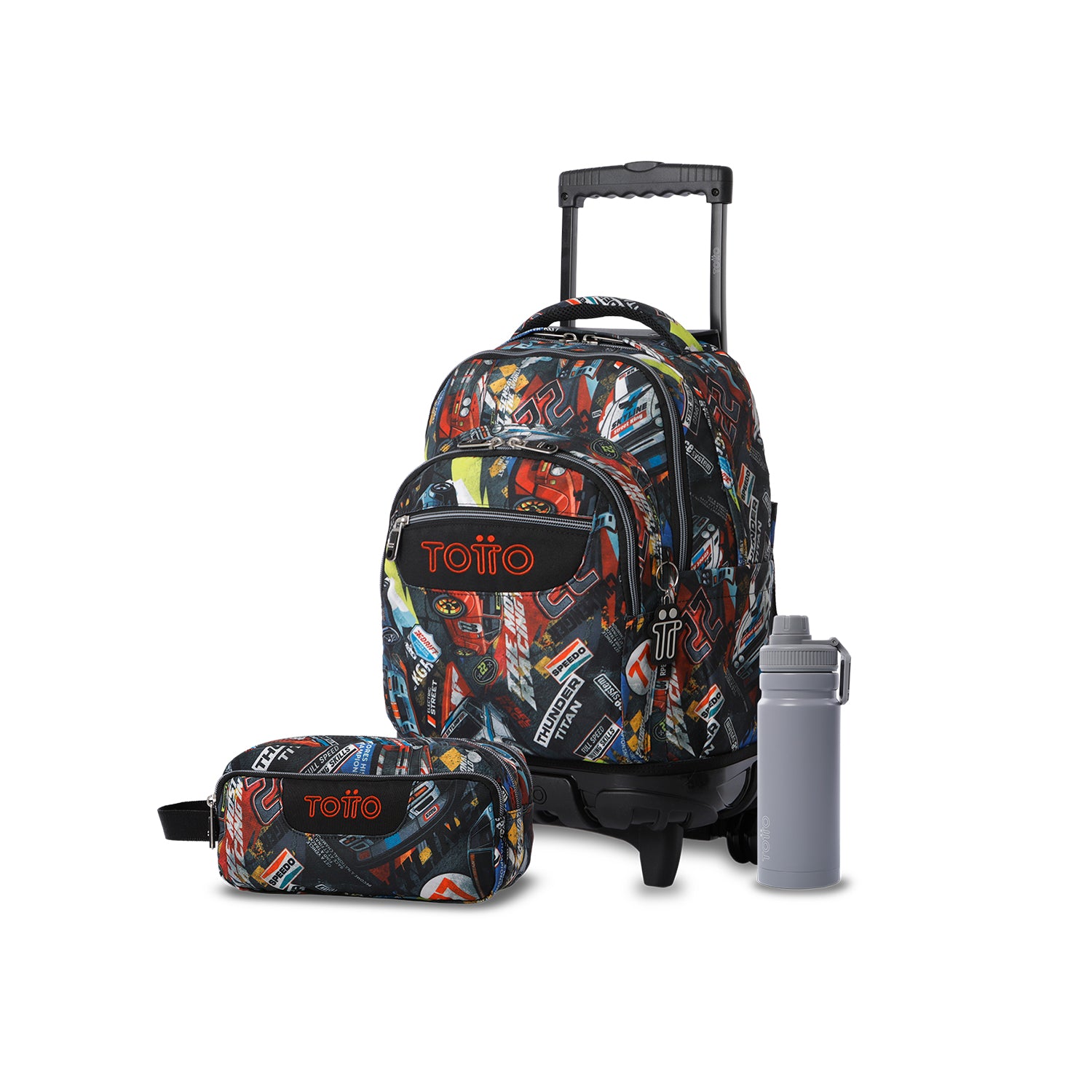 Pack escolar Niño - Mochila con ruedas (Renglones) + Estuche 3 compartimentos (Agapec) + Botella de 550ml