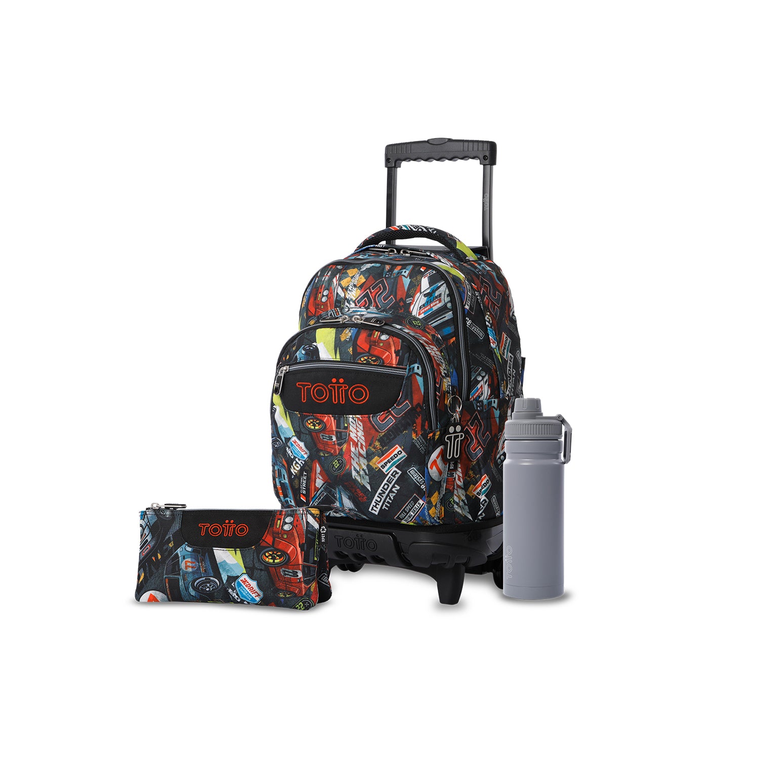 Pack escolar Niño - Mochila con ruedas desmontable (Tiza) + Estuche 3 compartimentos (Tablero) + Botella de 550ml