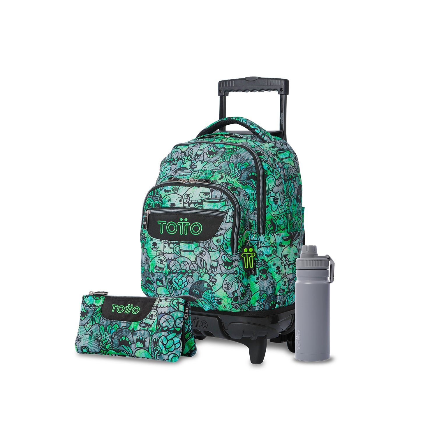Pack Escolar Niño - Mochila con ruedas (Renglones) + Estuche 3 compartimentos (Tablero) + Botella de 550ml
