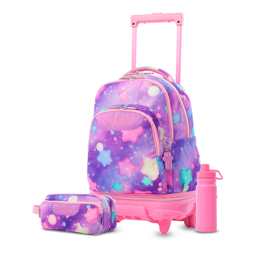 Pack escolar Niña - Mochila con ruedas desmontable (Tiza) + Estuche 3 compartimentos (Agapec) + Botella de 550ml