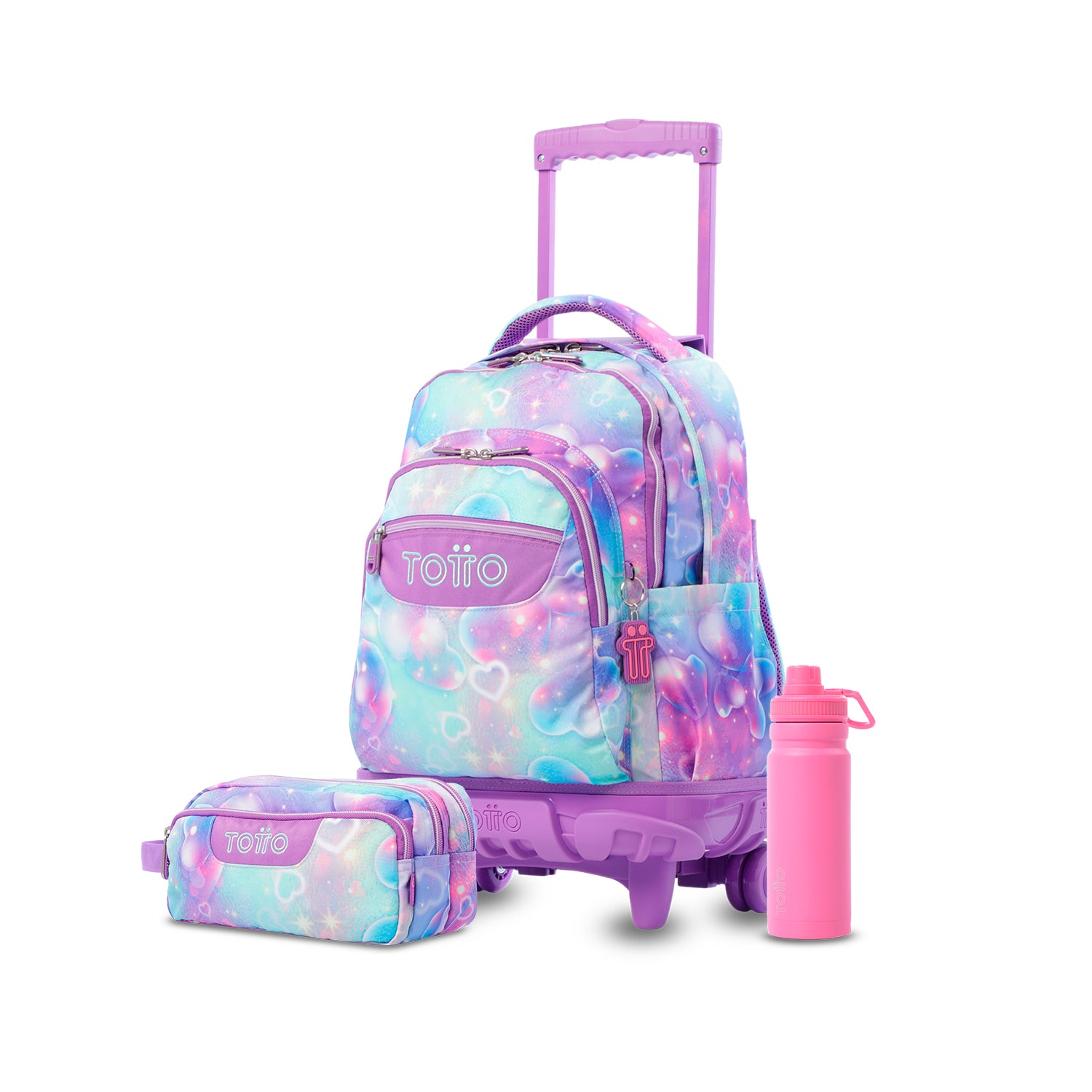 Pack escolar Niña - Mochila con ruedas (Renglones) + Estuche 3 compartimentos (Agapec) + Botella de 550ml