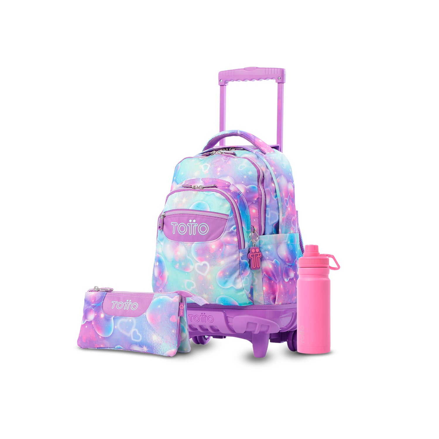 Pack escolar Niña - Mochila con ruedas (Renglones) + Estuche 3 compartimentos (Tablero) + Botella 550ml