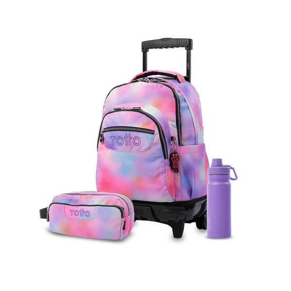 Pack escolar Niña - Mochila con ruedas (Renglones) + Estuche 3 compartimentos (Agapec) + Botella de 550ml