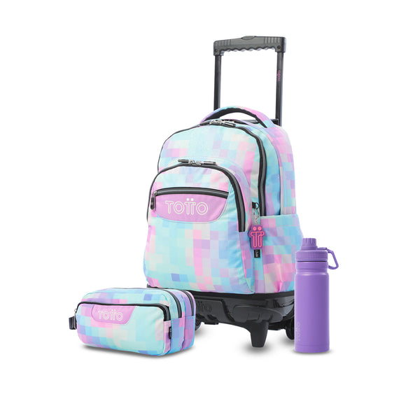 Pack escolar Niña - Mochila con ruedas (Renglones) + Estuche 3 compartimentos (Agapec) + Botella de 550ml