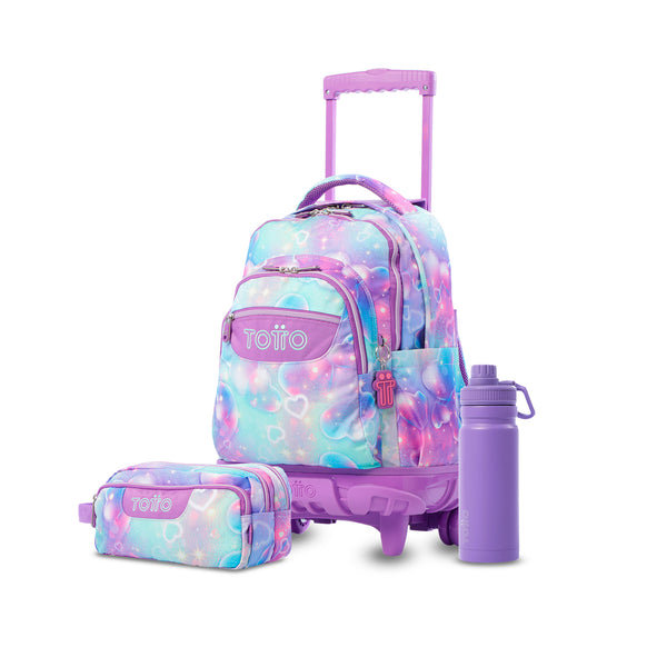 Pack escolar Niña - Mochila con ruedas (Renglones) + Estuche 3 compartimentos (Agapec) + Botella de 550ml
