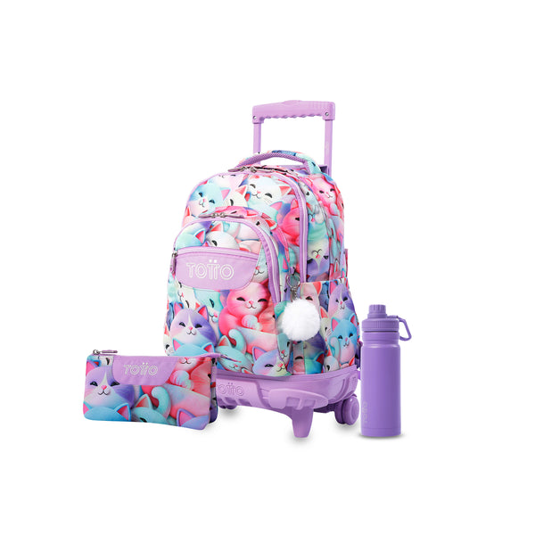 Pack escolar Niña - Mochila con ruedas (Renglones) + Estuche 3 compartimentos (Tablero) + Botella 550ml