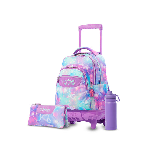 Pack escolar Niña - Mochila con ruedas (Renglones) + Estuche 3 compartimentos (Tablero) + Botella 550ml