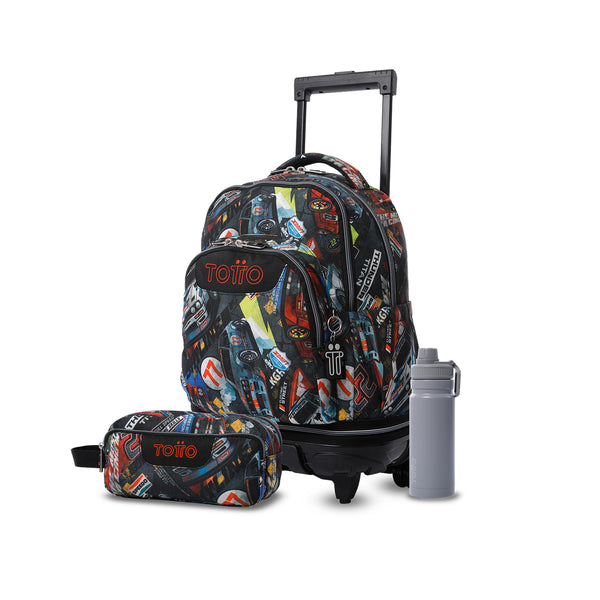 Pack escolar Niño - Mochila con ruedas desmontable (Tiza) + Estuche 3 compartimentos (Agapec) + Botella de 550ml