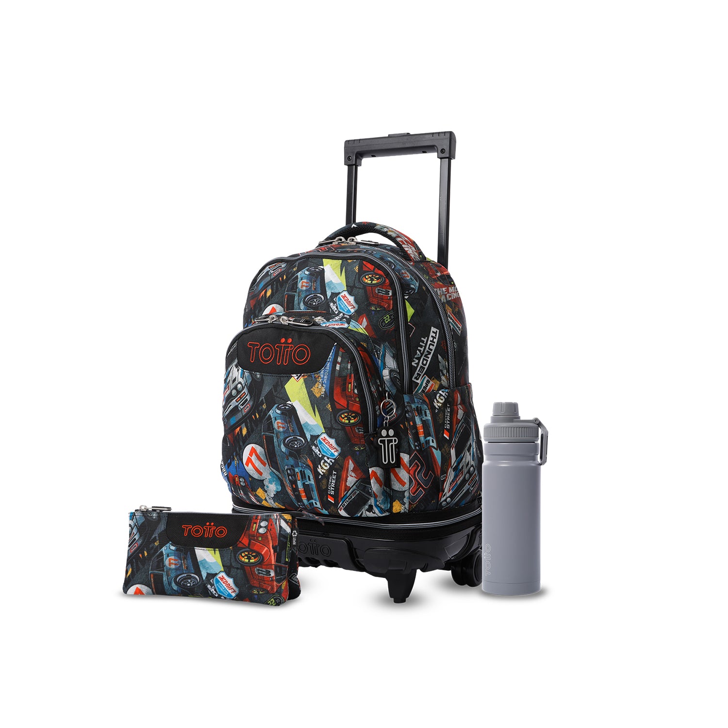 Pack escolar Niño - Mochila con ruedas desmontable (Tiza) + Estuche 3 compartimentos (Tablero) + Botella de 550ml