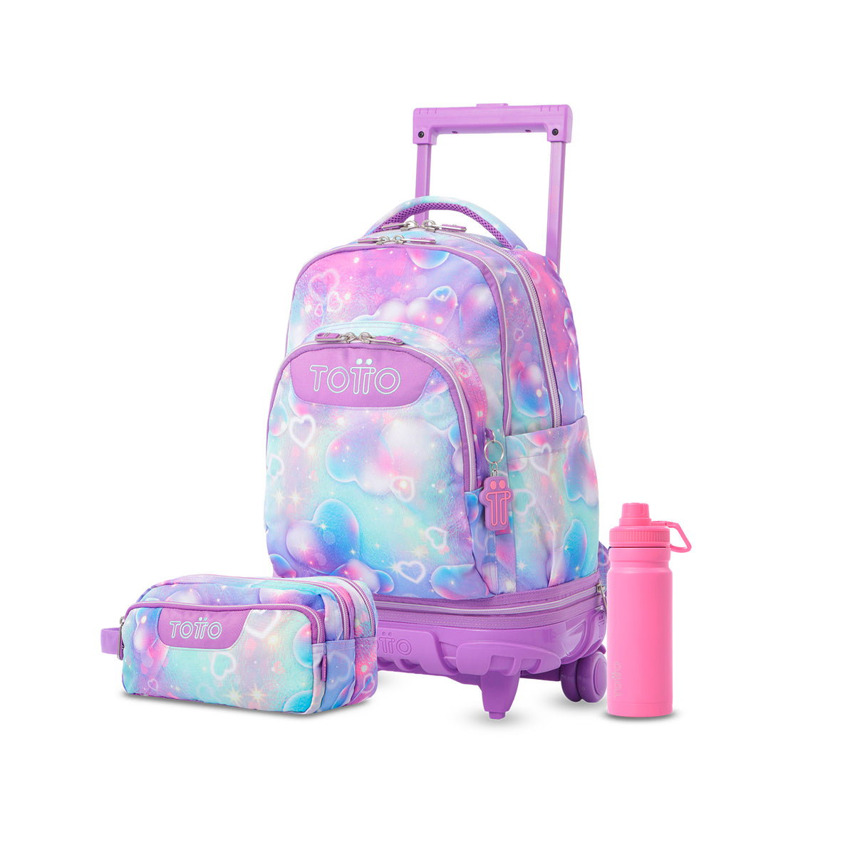 Pack escolar Niña - Mochila con ruedas desmontable (Tiza) + Estuche 3 compartimentos (Agapec) + Botella de 550ml