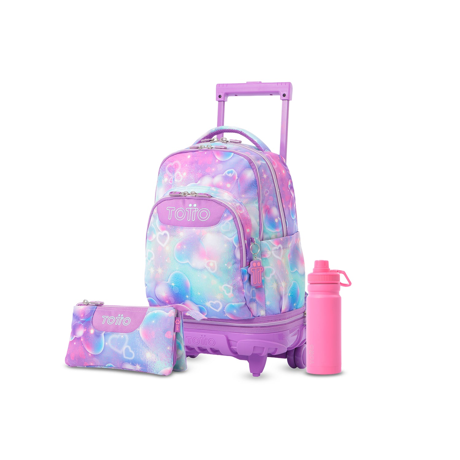 Pack escolar Niña - Mochila con ruedas desmontable (Tiza) + Estuche 3 compartimentos (Tablero) + Botella de 550ml
