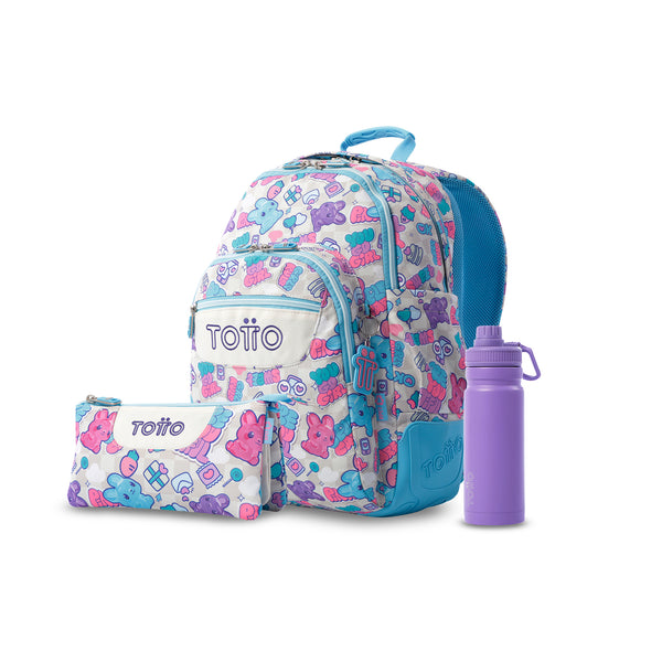 Pack escolar Niña - Mochila (Rayol) + Estuche 3 compartimentos (Tablero) + Botella de 550ml