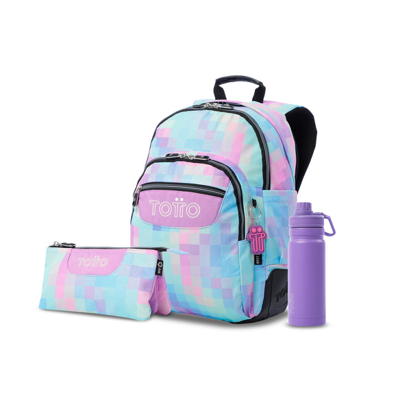 Pack escolar Niña - Mochila (Rayol) + Estuche 3 compartimentos (Tablero) + Botella de 550ml