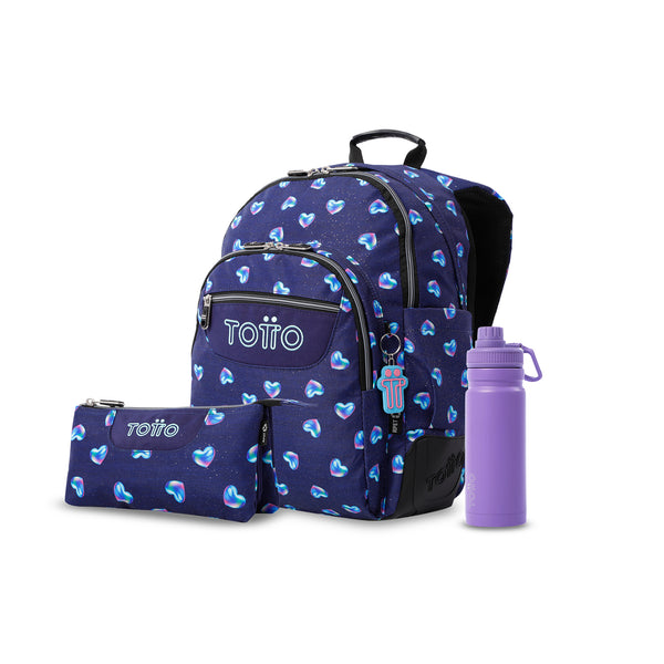 Pack escolar Niña - Mochila (Rayol) + Estuche 3 compartimentos (Tablero) + Botella de 550ml