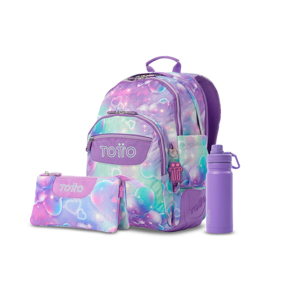 Pack escolar Niña - Mochila (Rayol) + Estuche 3 compartimentos (Tablero) + Botella de 550ml