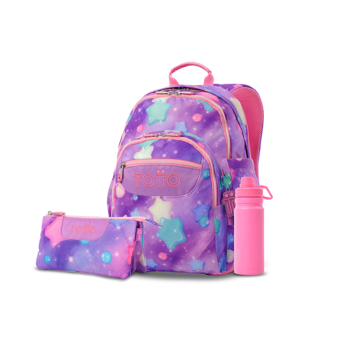 Pack escolar Niña - Mochila (Rayol) + Estuche 3 compartimentos (Tablero) + Botella de 550ml