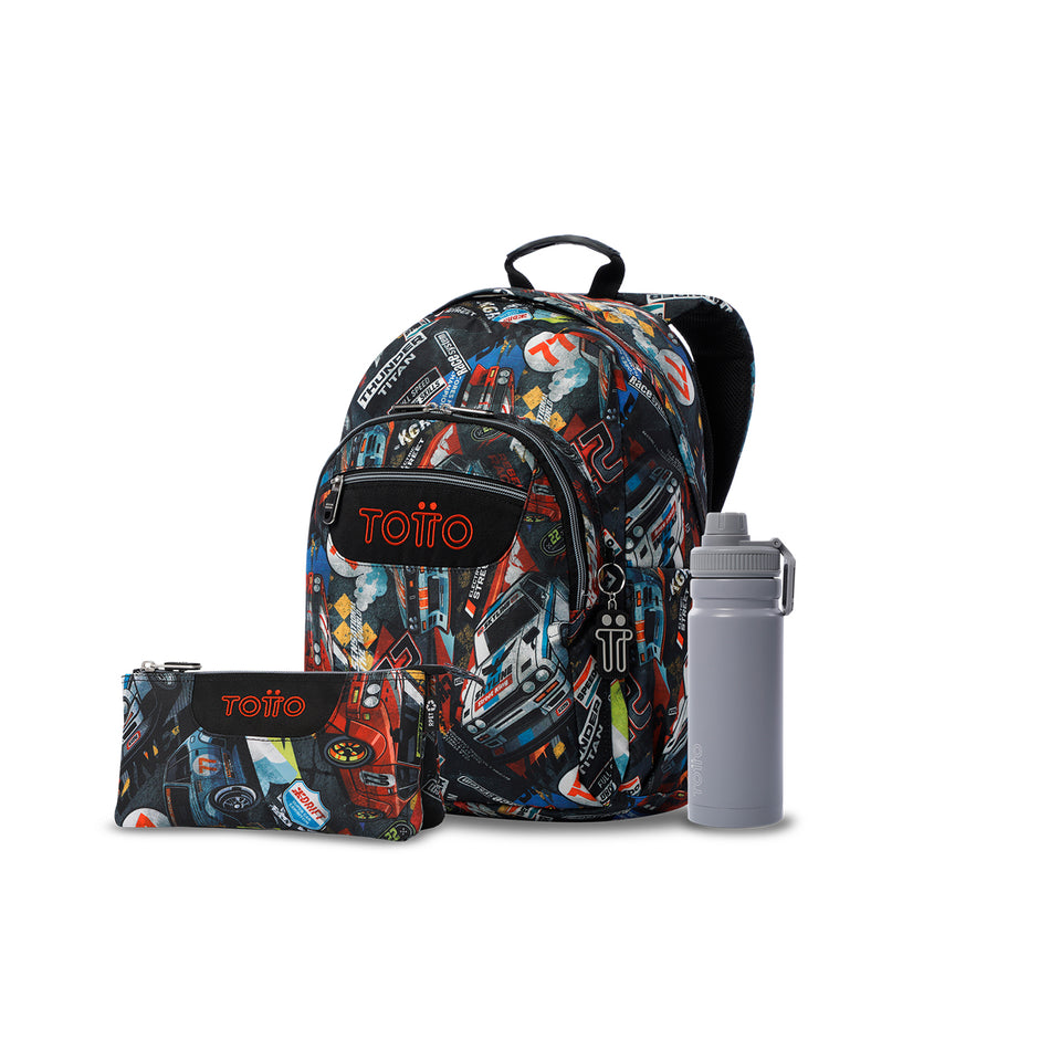 Pack escolar Niño - Mochila (Rayol) + Estuche 3 compartimentos (Tablero) + Botella de 550ml