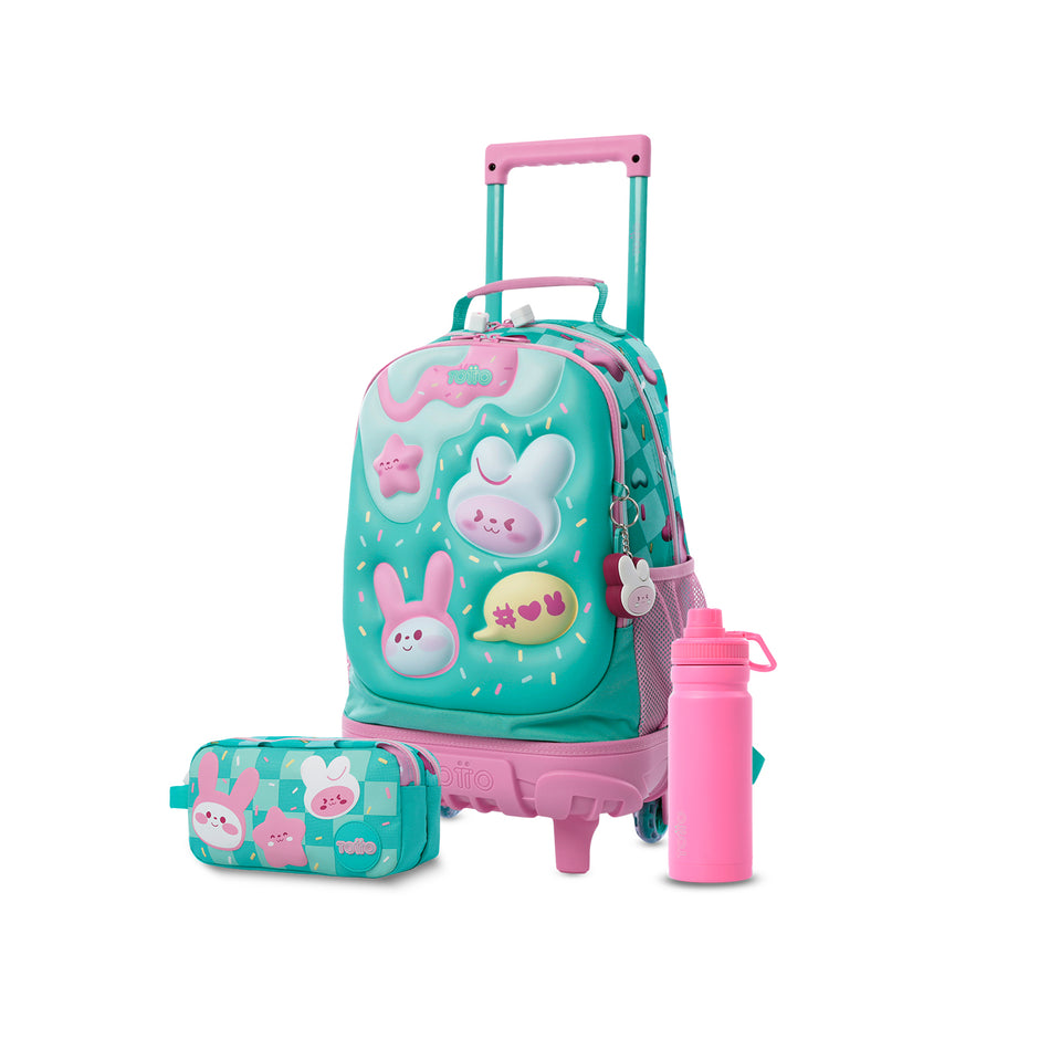 Pack escolar Niña Bunny Pump - Mochila con ruedas + Estuche + Botella de 550ml