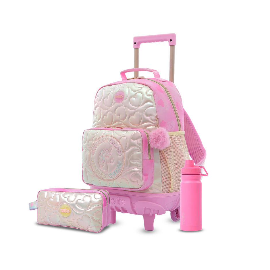 Pack escolar Niña Unicorn Kisses - Mochila mediana con ruedas  + Estuche + Botella de 550ml