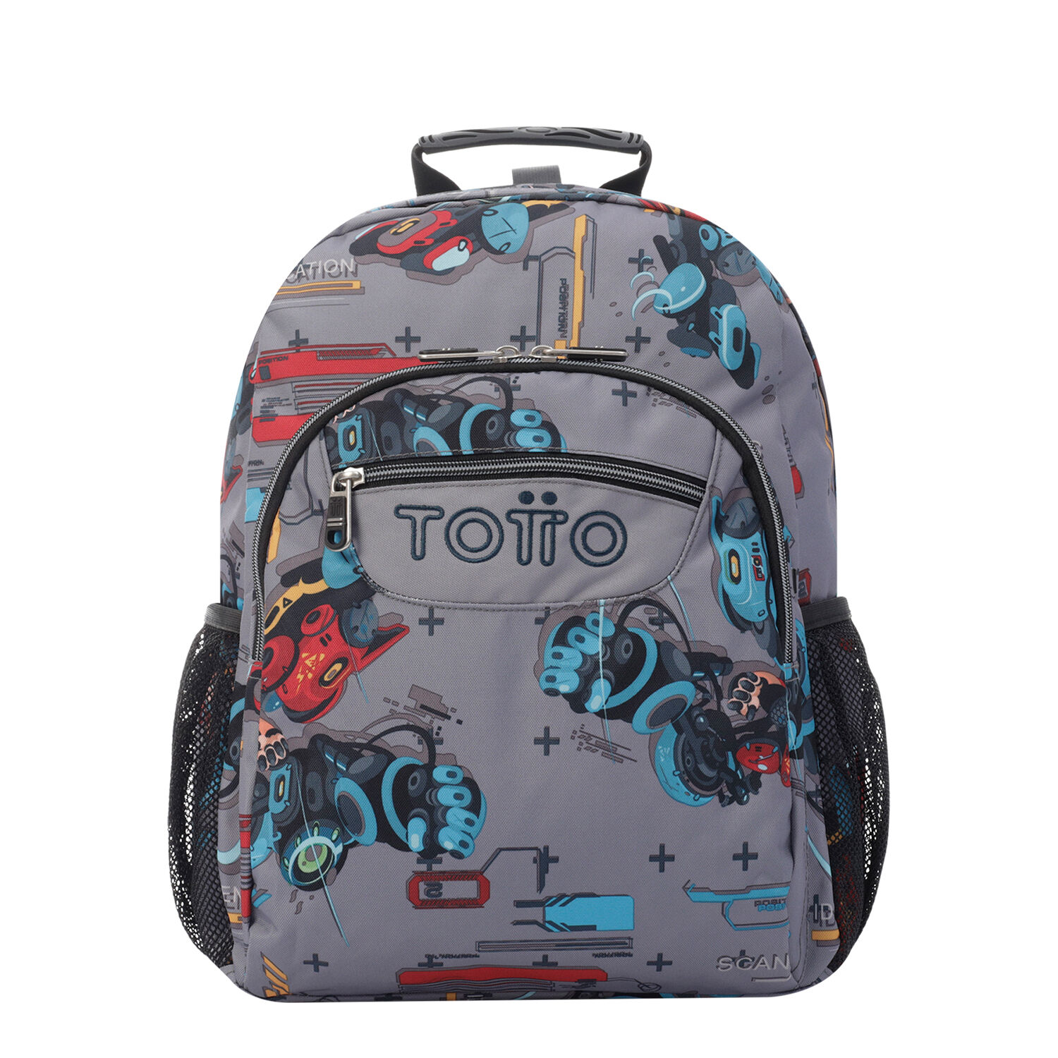 Mochila escolar adaptable a carro gris con robots Acuareles