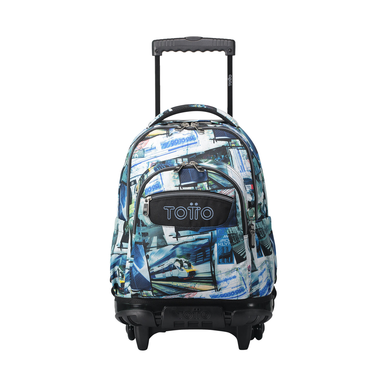 Mochila escolar con ruedas postales y casetes Renglones Azul
