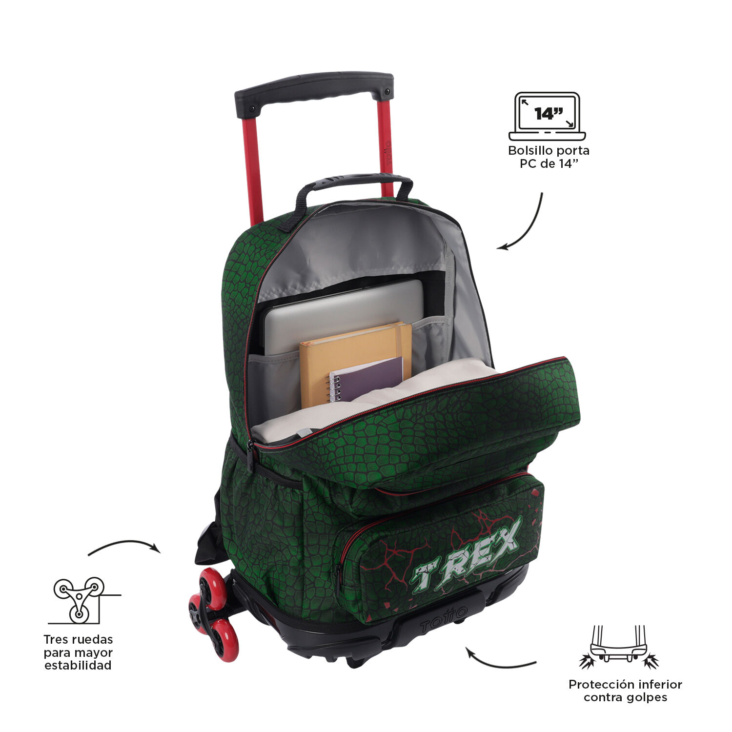 Mochila 3 Ruedas Rex Dino L Verde Totto.es