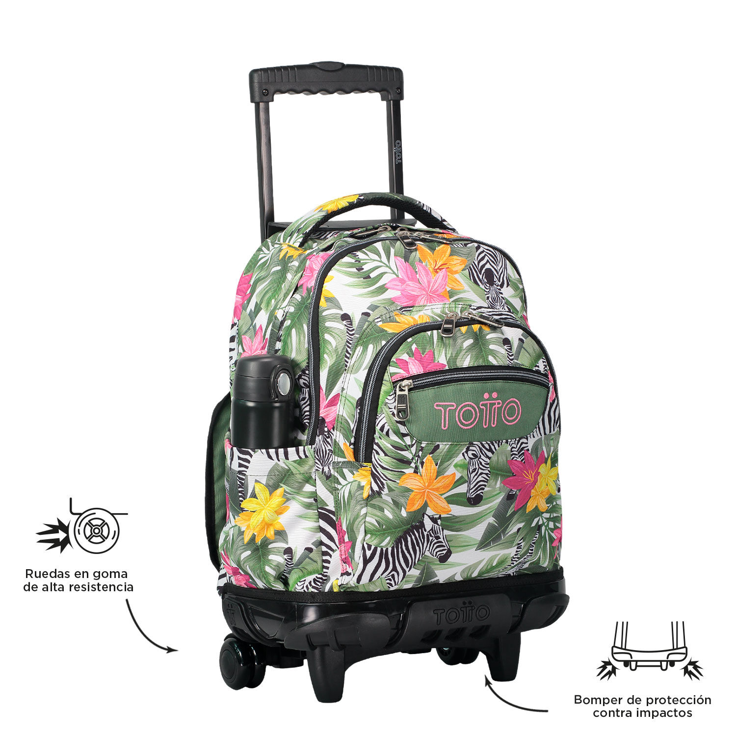Mochila escolar con ruedas tropical cebras Renglones Verde