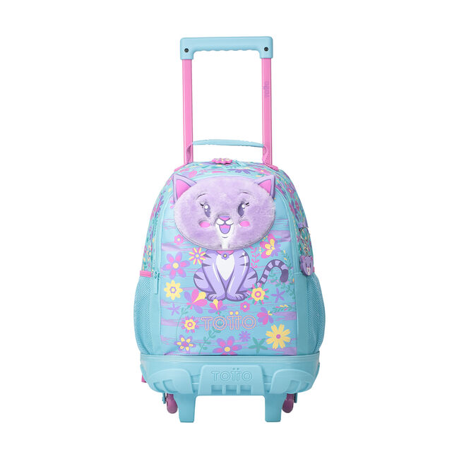 Mochila escolar con ruedas mediana de gatita y flores - Tropyglam
