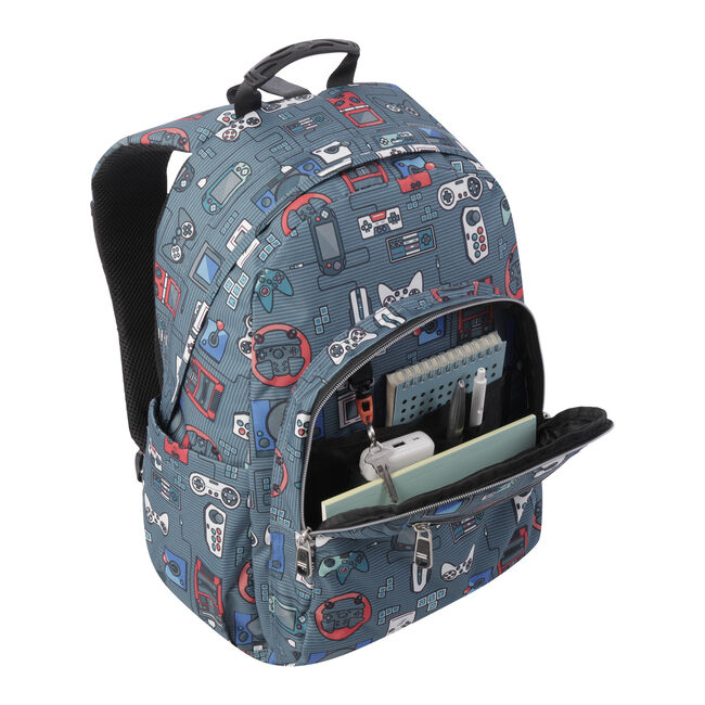 Mochila escolar adaptable a carro gris y videoconsolas - Acuareles image number null
