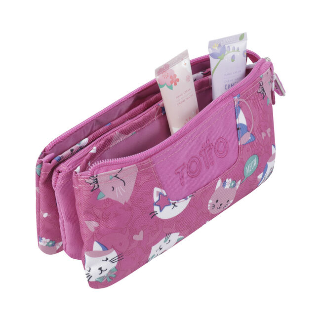 Estuche escolar tres compartimentos rosa fiesta gatitos - Tablero Rosa |