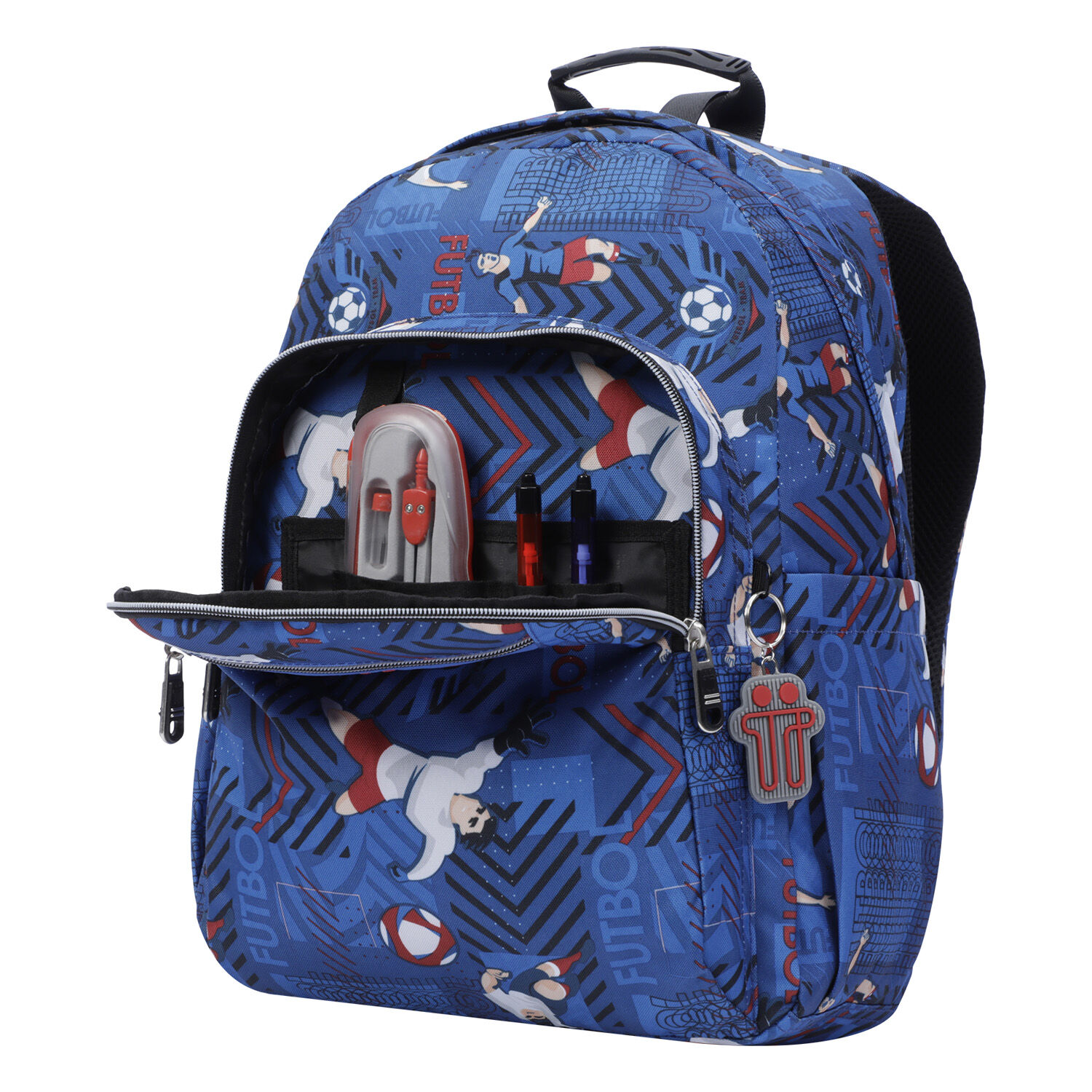 Mochila escolar adaptable a carro azul y futbolistas Acuareles