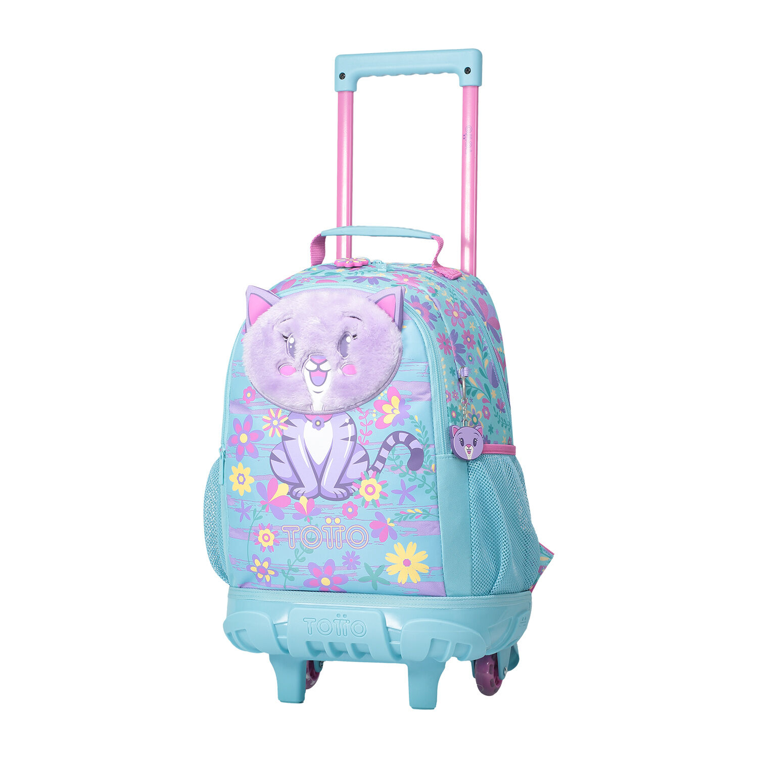 Mochila escolar con ruedas mediana de gatita y flores Tropyglam