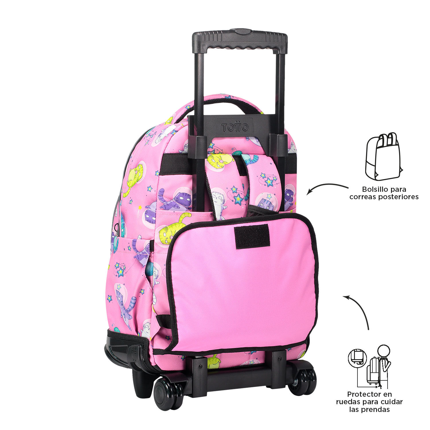 Mochila escolar con ruedas gatos astronautas Renglones Rosa