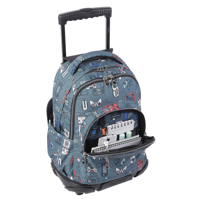 Mochila escolar con ruedas gris y videoconsolas - Renglones image number null
