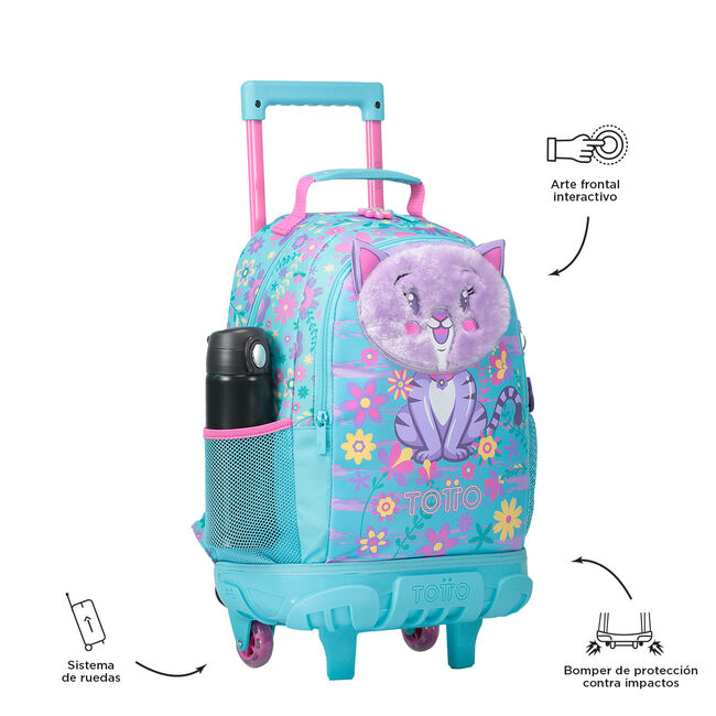 Mochila escolar con ruedas mediana de gatita y flores - Tropyglam image number null