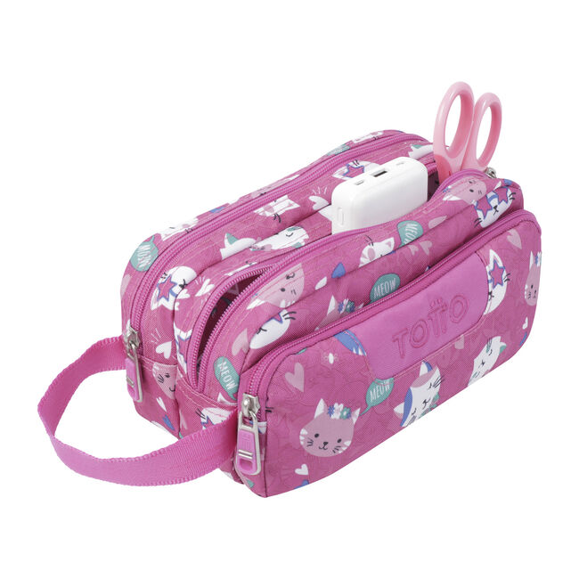 Estuche tres compartimentos rosa fiesta gatitos - - Rosa