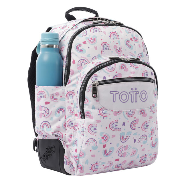 Mochila Escolar con Ruedas Blaco y Arcoiris Rosa Renglones Totto