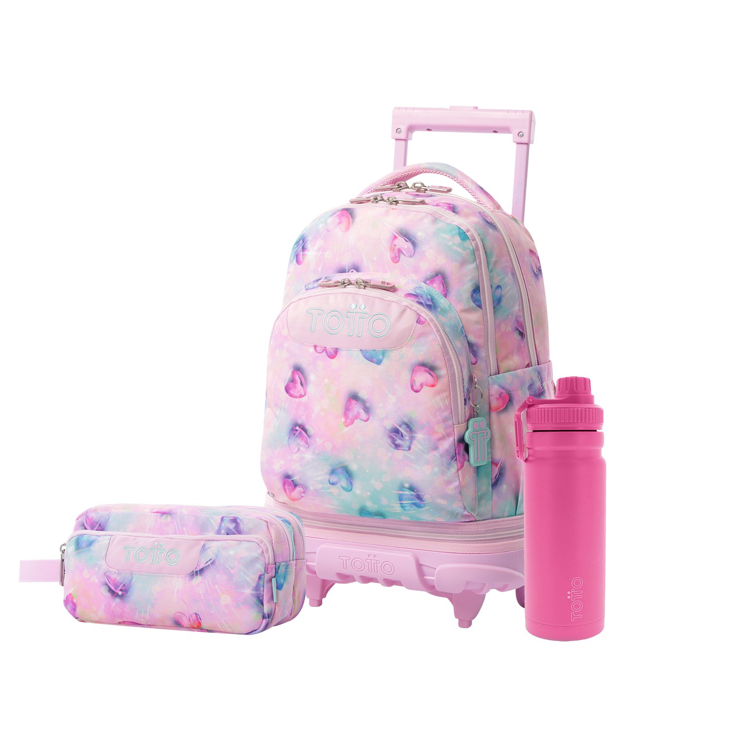 Pack Escolar Shiny Heart X3 | Mochila de ruedas desmontable + 2 accesorios