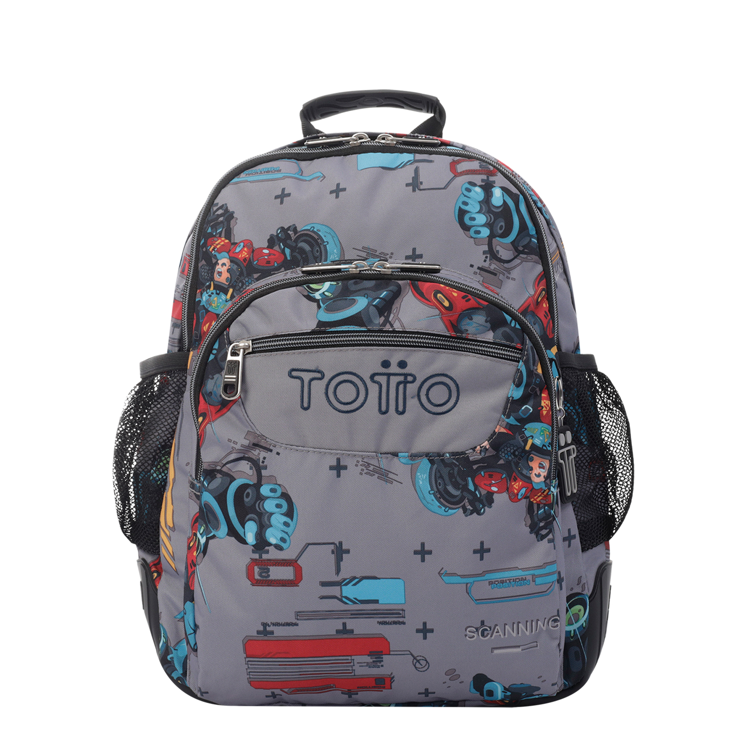 Mochila escolar gris con robots - Crayoles