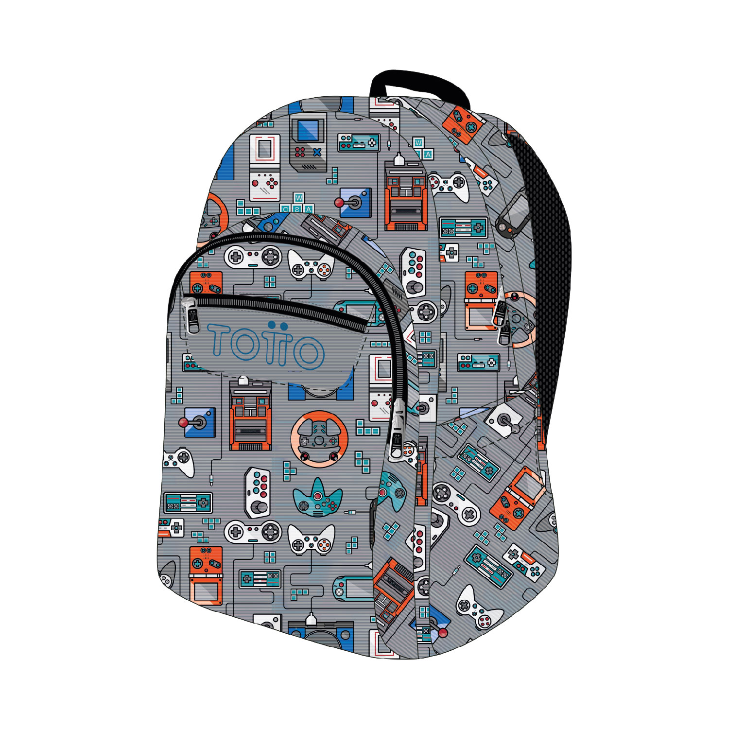 Mochila escolar gris y videoconsolas - Gommas